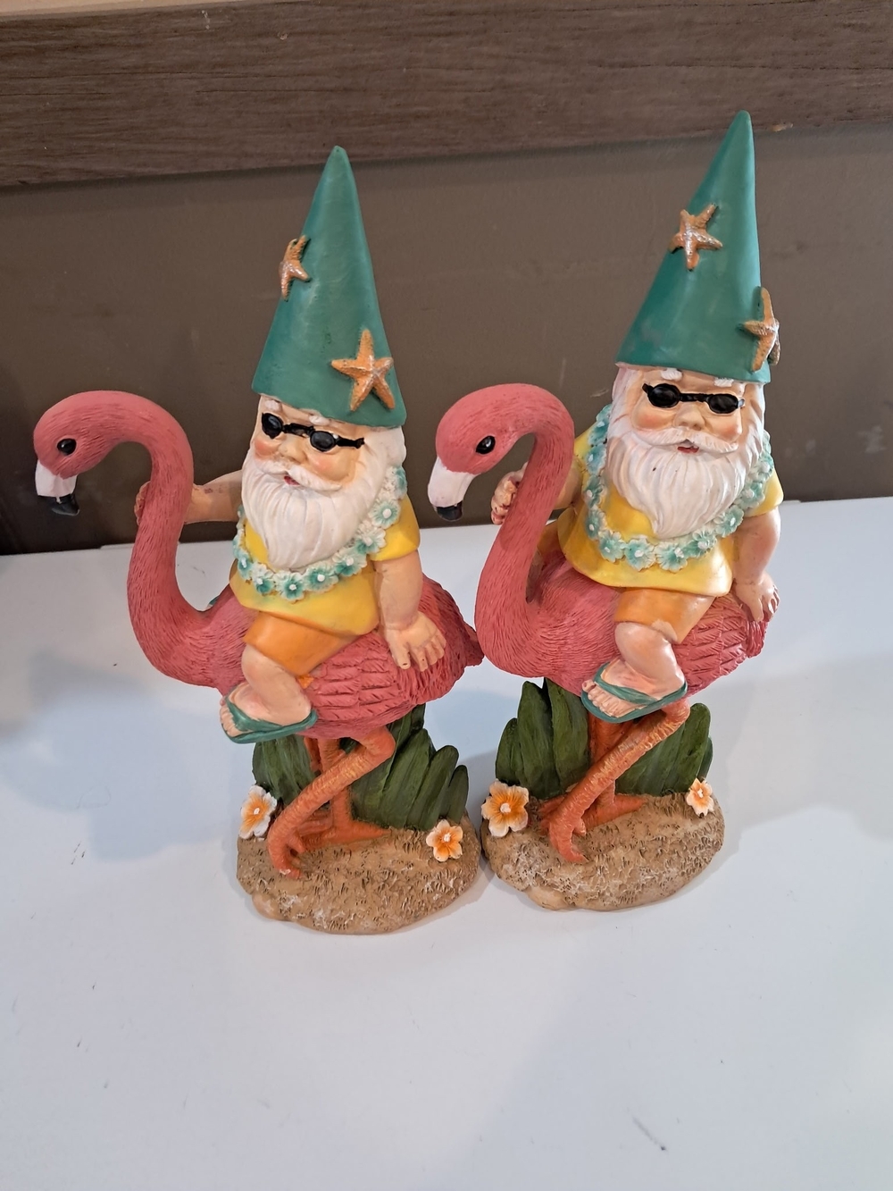 Beach Gnome on Pink Flamingo Figurine - Teal Hat